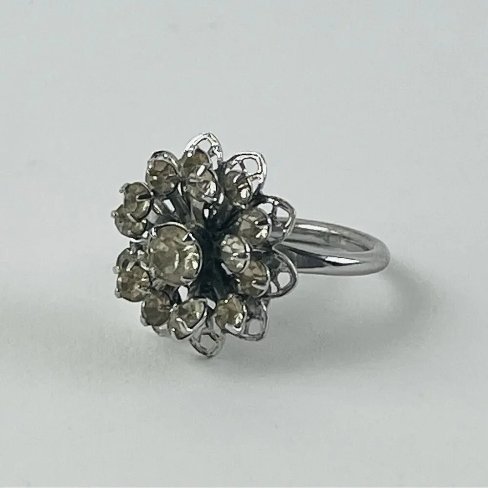 SARAH COVENTRY Rhinestone Flower Ring Silver Tone Vintage Signed Tiered Layered